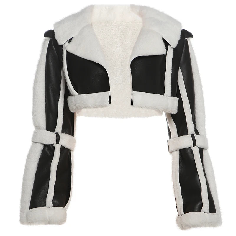 Weird Puss Furry Patchwork Women Crop Jacket Hipster Full Sleeve Open Stitch Hipster Streetwear Warm Outwear Basic Wild Coat