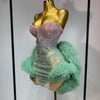 Women Sexy Strapless Backless Green Diamonds Mesh Dress Birthday Party Costume Bar Nightclub Singer Stage Performance Outfit
