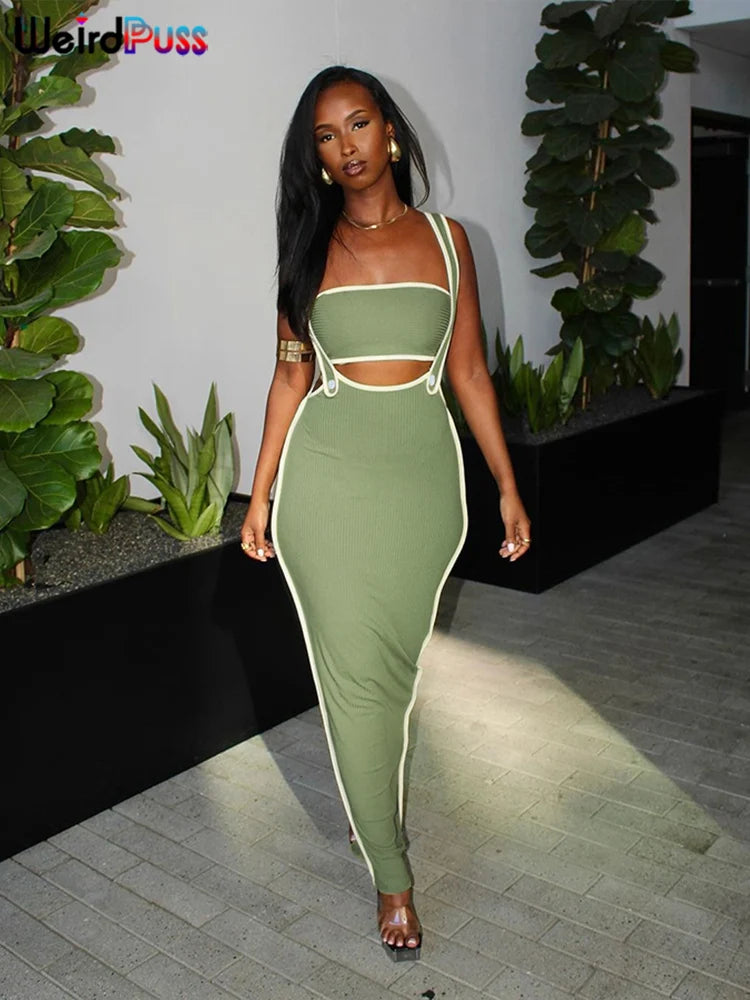 Weird Puss Summer Trend 2-teiliges Set Damen Weißer Saum Trägerloses Oberteil + Trägerkleid Elastische Streetwear-Outfits
