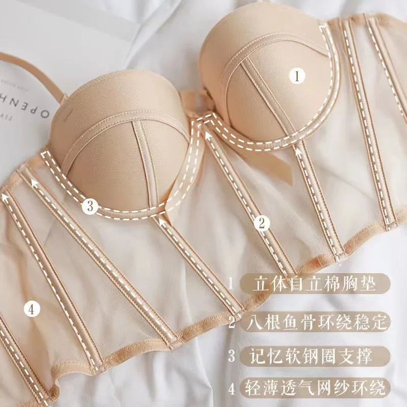 French Ladies Transparent Mesh Corset Sexy Shaper Thin Bra Set Night Club Sweet Cropped Top Girls Hot Bra and Panties Bralette
