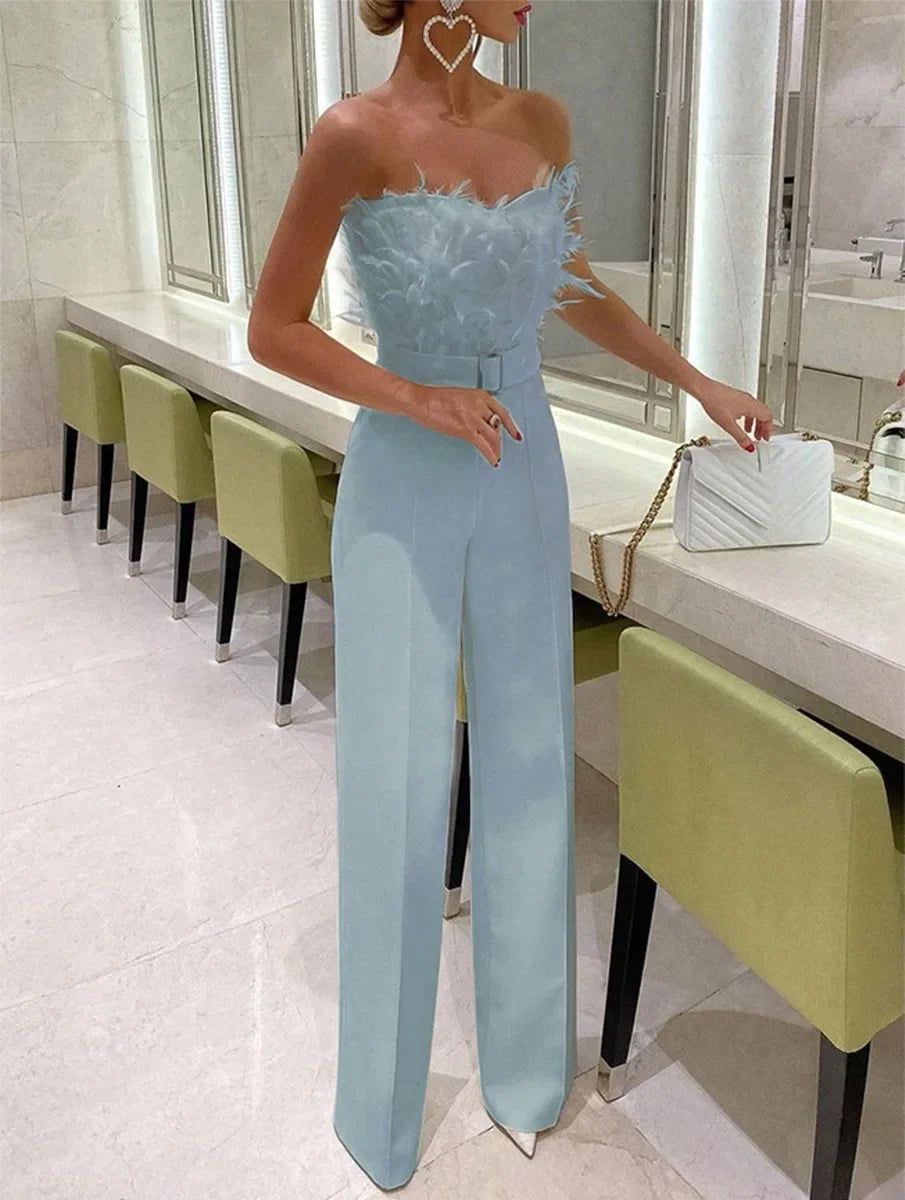 Damen Sexy Jumpsuit Brustwickel Frühling Sommer Mode Weiblich Elegant Weiß Empire Lässig Gerade Lange Jumpsuits