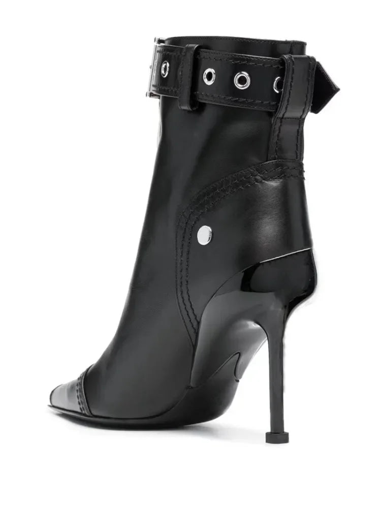 Gürtelschnalle Reißverschluss vorne Modenschau Stiefeletten Damen Herbst Winter Neu Spitz Metallverzierung Rote High Heels Ankle Boots