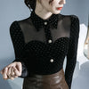 Black Vintage Doll Collar Polka Dot Gold Velvet Top Women's Autumn and Winter Gauze Splicing Perspective Sexy T-shirt