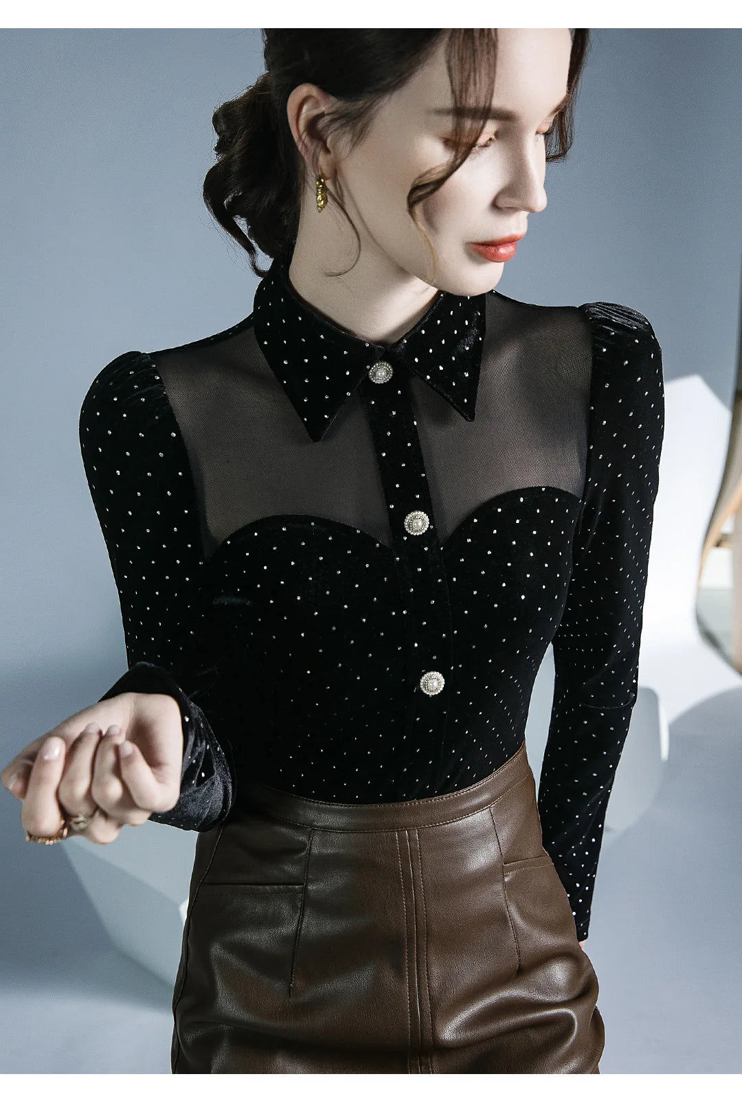 Black Vintage Doll Collar Polka Dot Gold Velvet Top Women's Autumn and Winter Gauze Splicing Perspective Sexy T-shirt