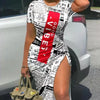 Trendy Printed Slim Midi Dresses Women Fashion Package Hip Bodycon Short Sleeves Drawstring Slit Dress Casual Ladies Streetwear