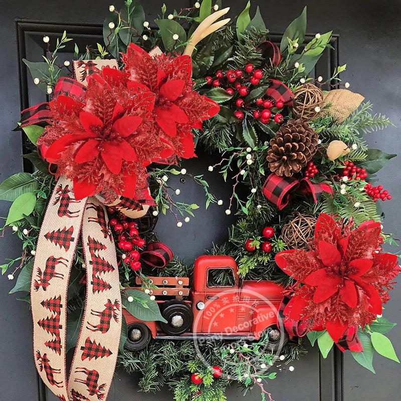 3/10Stück 14cm Weihnachtsblumen Glitzer Rot Gold Blütenkopf Weihnachtsbaumschmuck Neujahrsdekorationen für Zuhause Navidad Noel Geschenke