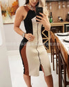 Damenkleid 2024 Elegant Pendler Ärmellos Kontrastfarbenes Paneel Reißverschluss Sexy Hohe Taille Mittellanges Kleid