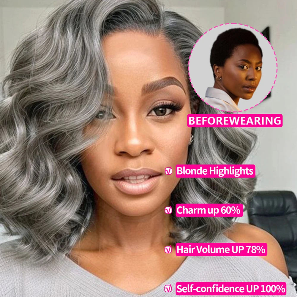 Salz-und-Pfeffer Loose Wave Lace Front Bob Perücke Echthaar Seitenscheitel 5x5 HD Verschluss Lace Perücke Ready To für schwarze Frauen