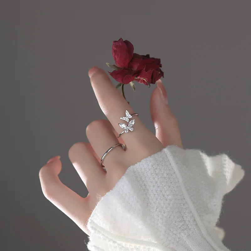 925 Sterling Silver Butterfly Zircon Open Rings For Women Wedding Luxury Fine Jewelry Accessories Wholesale 2023