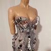 Sparkly Gold Rhinestone Sequins Sexy Strapless Mesh See Through Mini Dress Women Eveing Birthday Party Nightclub Stage Costume