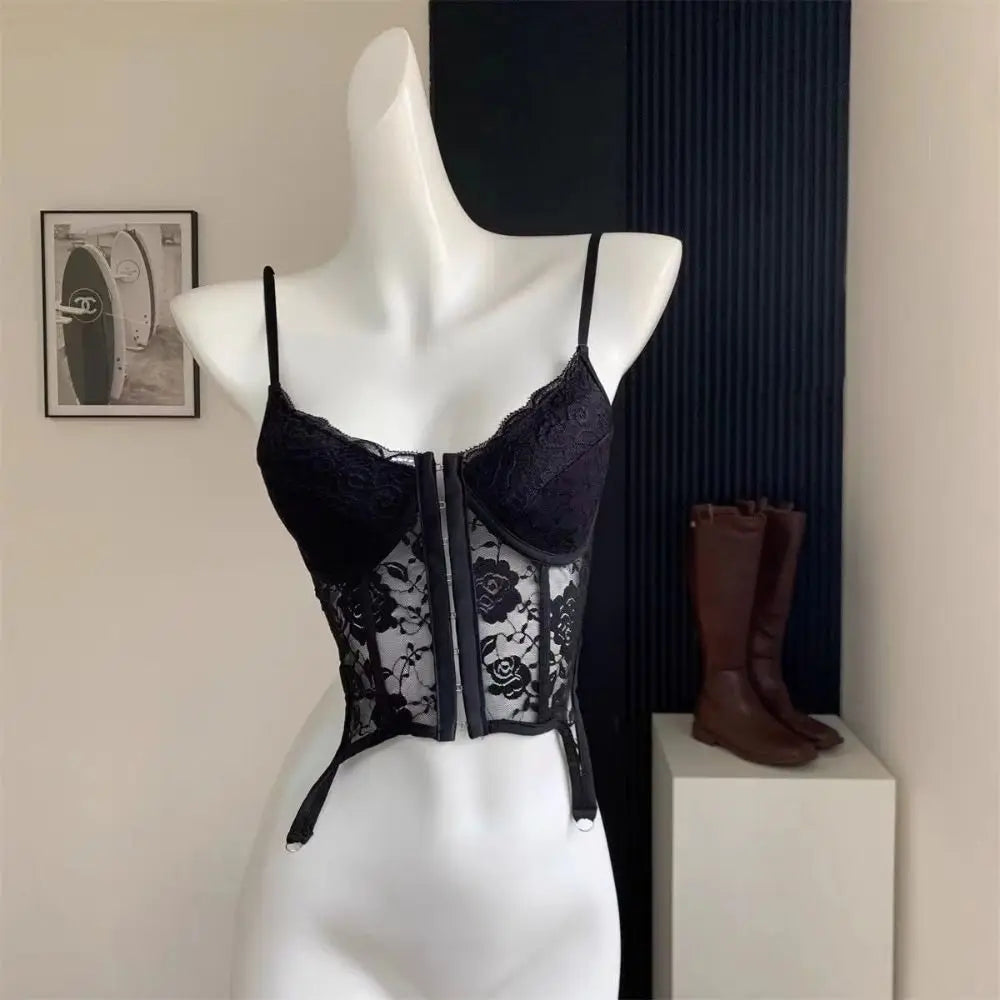 V-Neck Sexy Lace Corset Top Slim Fit Push Up Hollow Suspender Vest Adjustable Straps Off Shoulder Breathable Mesh Vest Travel