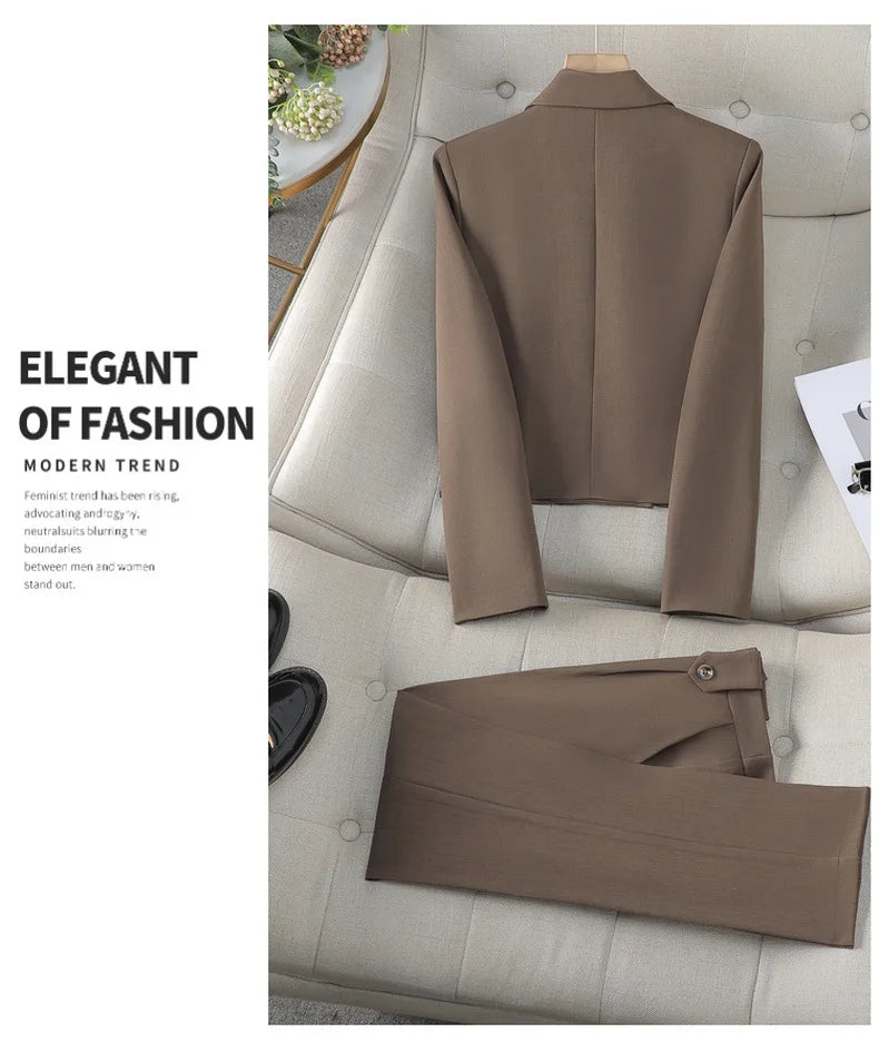 Solid Suits for Women 2024 Spring Fashion Office Ladies Long Sleeve Double Breasted Short Tops Chic Slim High Waisted Pant Suits