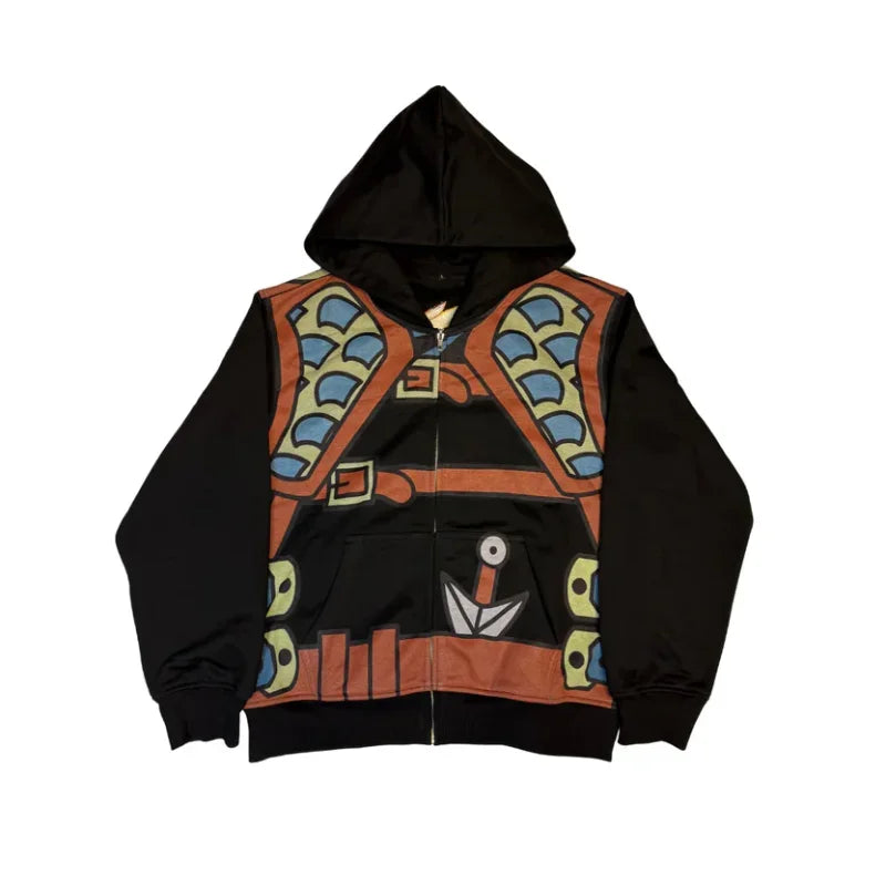 Y2K 2 piece set Anime Character Zipped Hoodie High Street Cosplay Print 5 Colors Daily Wear Trendy wide leg pants streetwear Set