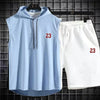 Summer New Men's Sleeveless Hooded T-shirt+shorts pants Sports two-piece set gym  Fashion  Casual Men Women Sports Two Piece Set