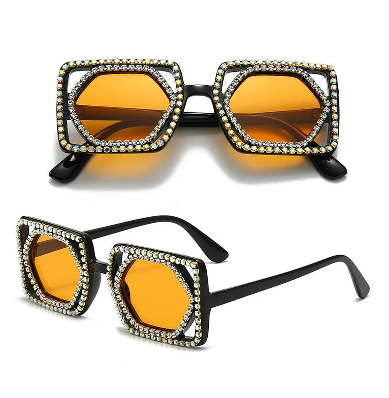 Quadratische Luxus Diamanten Sonnenbrille Damen Punk Mode Strass Sonnenbrille Weiblich Glänzend Sexy Gelbe Linse Brille Schatten Handgemacht