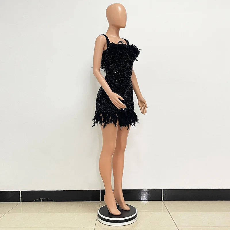 Damen Partykleid Ärmellos Glänzende Pailletten Feder Abendkleid Sexy schulterfrei rückenfrei Mini Formelle Ballkleider HXY8