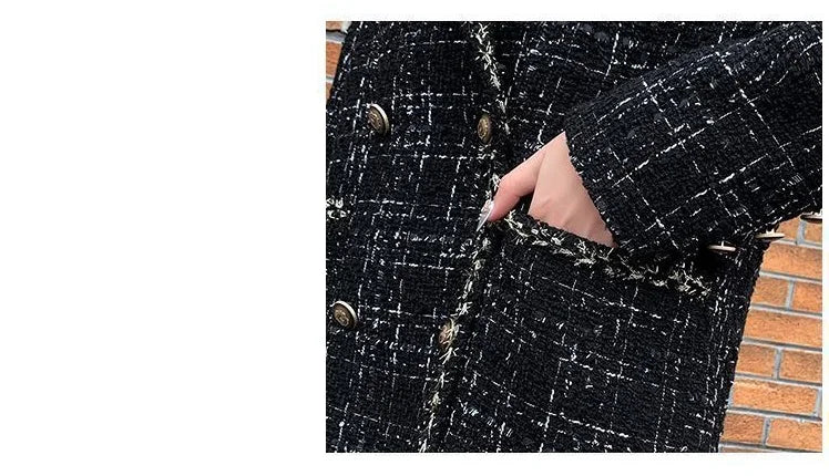 Tweed-Karo Anzugjacke Damen Oberbekleidung Lockerer Mittellanger Zweireihiger Freizeit-Wollblazer Top 2024 Frühling Herbst Neuer Schicker Anzug