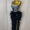 Stock 2025 Women Sexy Sparkly Rhinestone Mesh Feather Long Dress Elegant Evening Party Celebrate Birthday Performance Costume