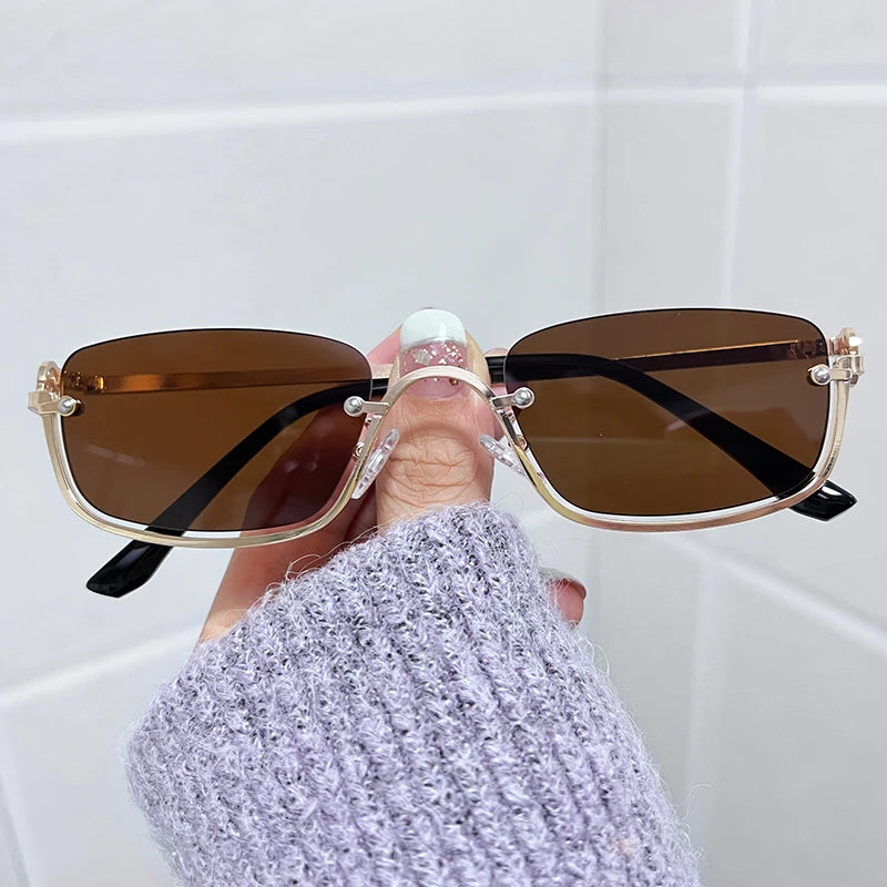 Halbrahmen Eckige Sonnenbrille für Damen Luxusmarke Kleine Metall Retro Rechteckige Schwarze Sonnenbrille Damen Mode Brille