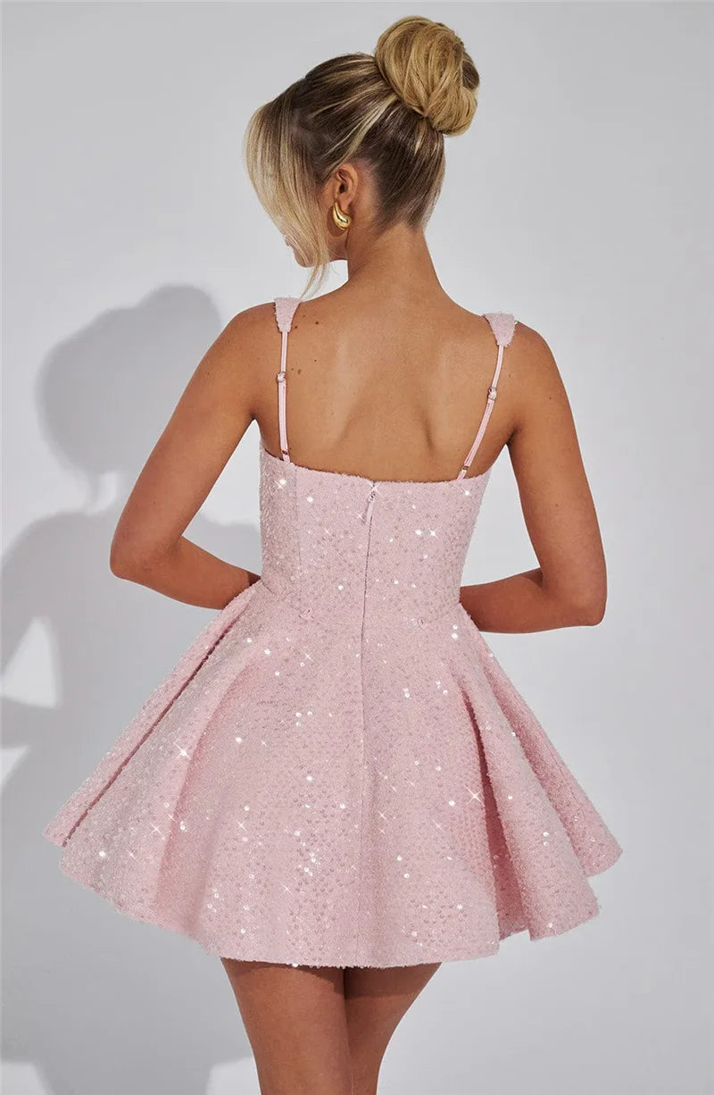 Mozision Pailletten-Kleid mit Schleife am Rücken, rückenfrei, sexy Mini-Kleid für Damen, modisches Etuikleid mit eckigem Ausschnitt, ärmellos, hohe Taille, A-Linie, Clubkleid