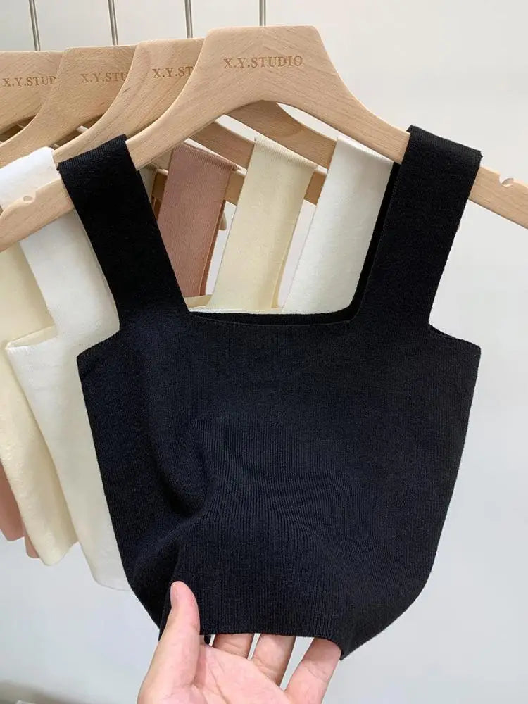 2026 Summer Women Sexy Sleeveless Tops Fashion Short Square Collar Tank Tops 6 Colors Knitted