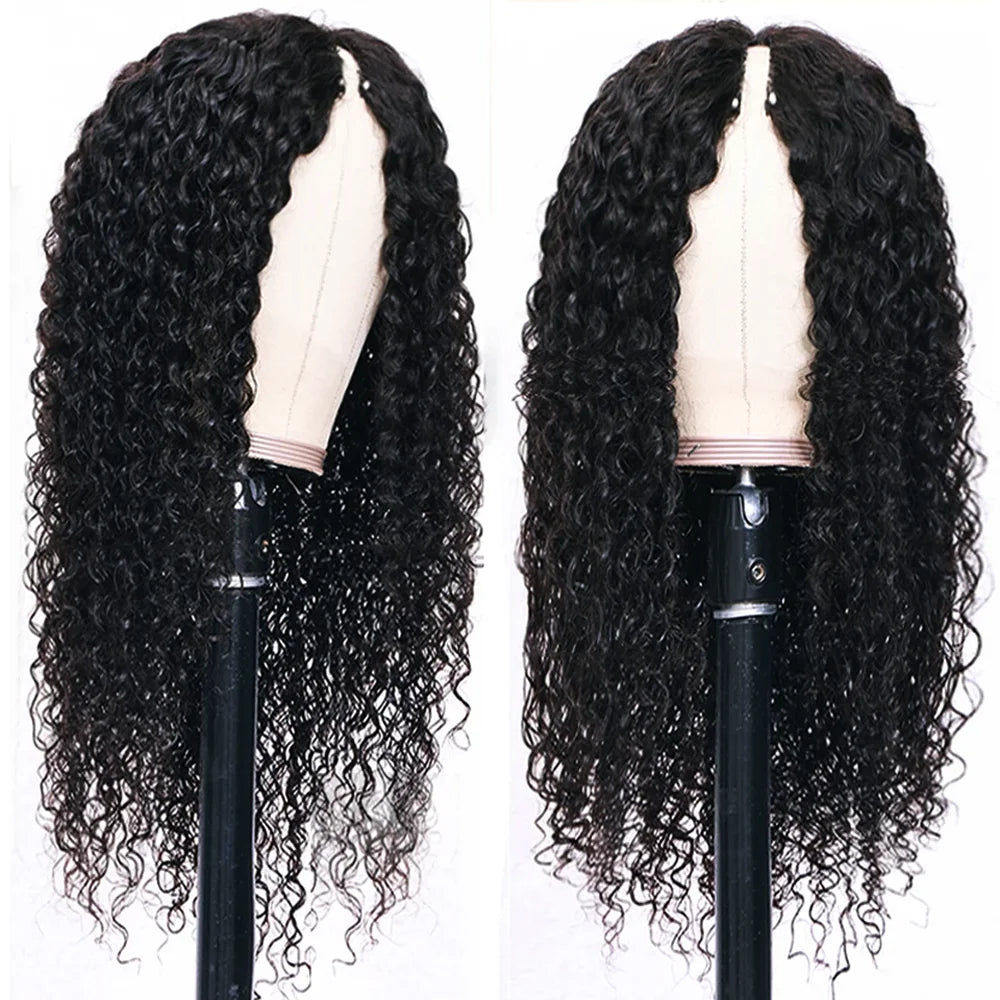 16-32 Inches Long Curly Brazilian Hair Wig For Women 200% Density V Part Wig Human Hair Natural Black V Shape Wig Hair Wigs