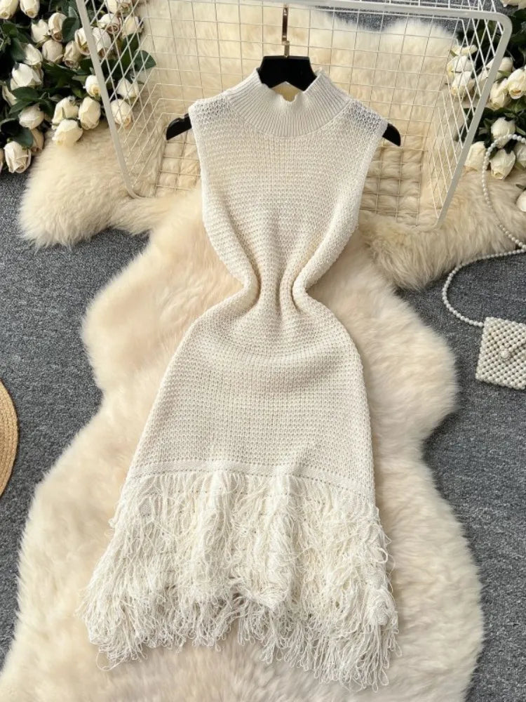 Joskaa 2025 Summer Women Elegant Round Neck Sleeveless Tassels Hem Bodycon Mini Knitted Dress Holiday Beach Party Clubwear