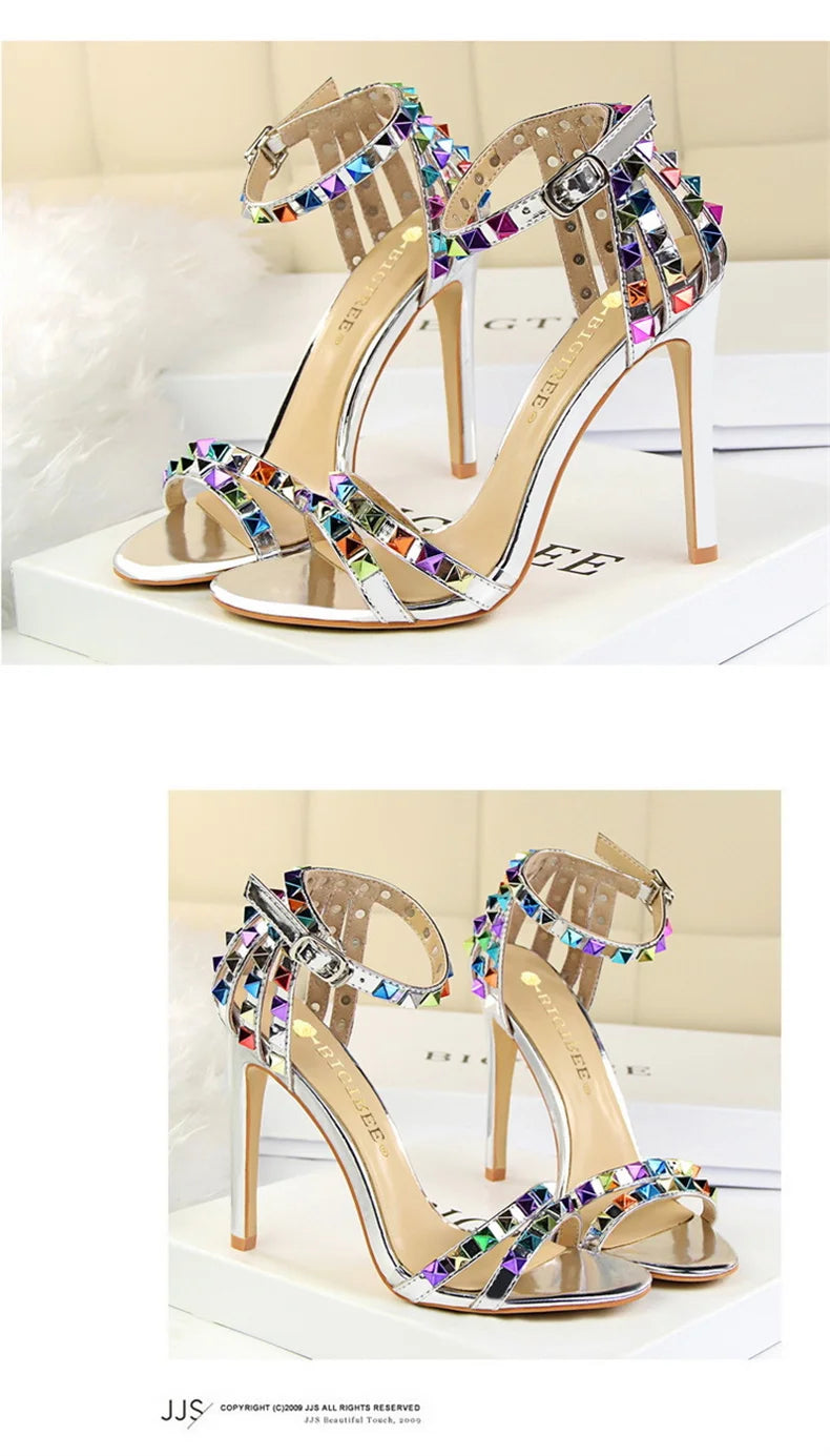 Summer Women Roman High Heels Rivets Studded Sandals Stiletto Gladiator Pumps Open Toe Luxury Shoes Hollow One-word Buckle 267-2