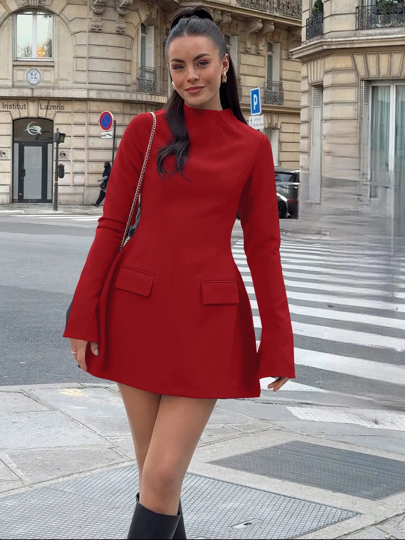 Dulzura Langarm Reißverschluss Bodycon Minikleid mit Taschen Einfarbig Elegantes Outfit Büro Streetwear Damen Herbst Winter Kleidung