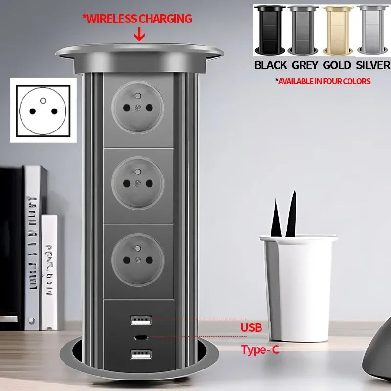 Motorized Lifting Pop Up Tower Power Outlet Hidden Mounted Kitchen Worktop USB Type C Socket with Speaker Wireless Charging