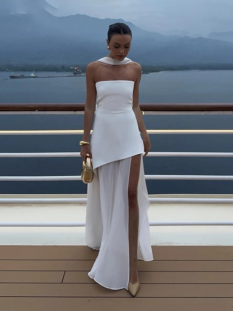 TARUXY Mode Trägerloses Kleid mit Band Frauen Elegantes Ärmelloses Mesh Strand Urlaub Langes Kleid Frühling 2025 Neues Damenkleid