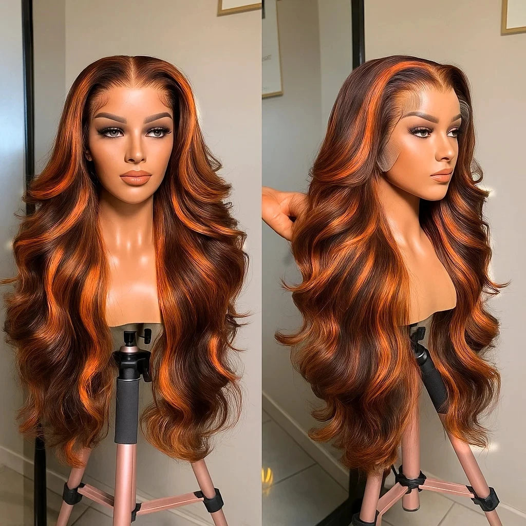 100% Human Hair 4/350 Highlight Ombre Body Wave 13x6 Lace Front Wig Ginger Orange Brown Colored Water Wave 13x4 Lace Frontal Wig