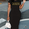 Ladies' summer GUEESS Los Angeles letter pattern printed round neck short sleeved casual slim fit sexy fashion dress