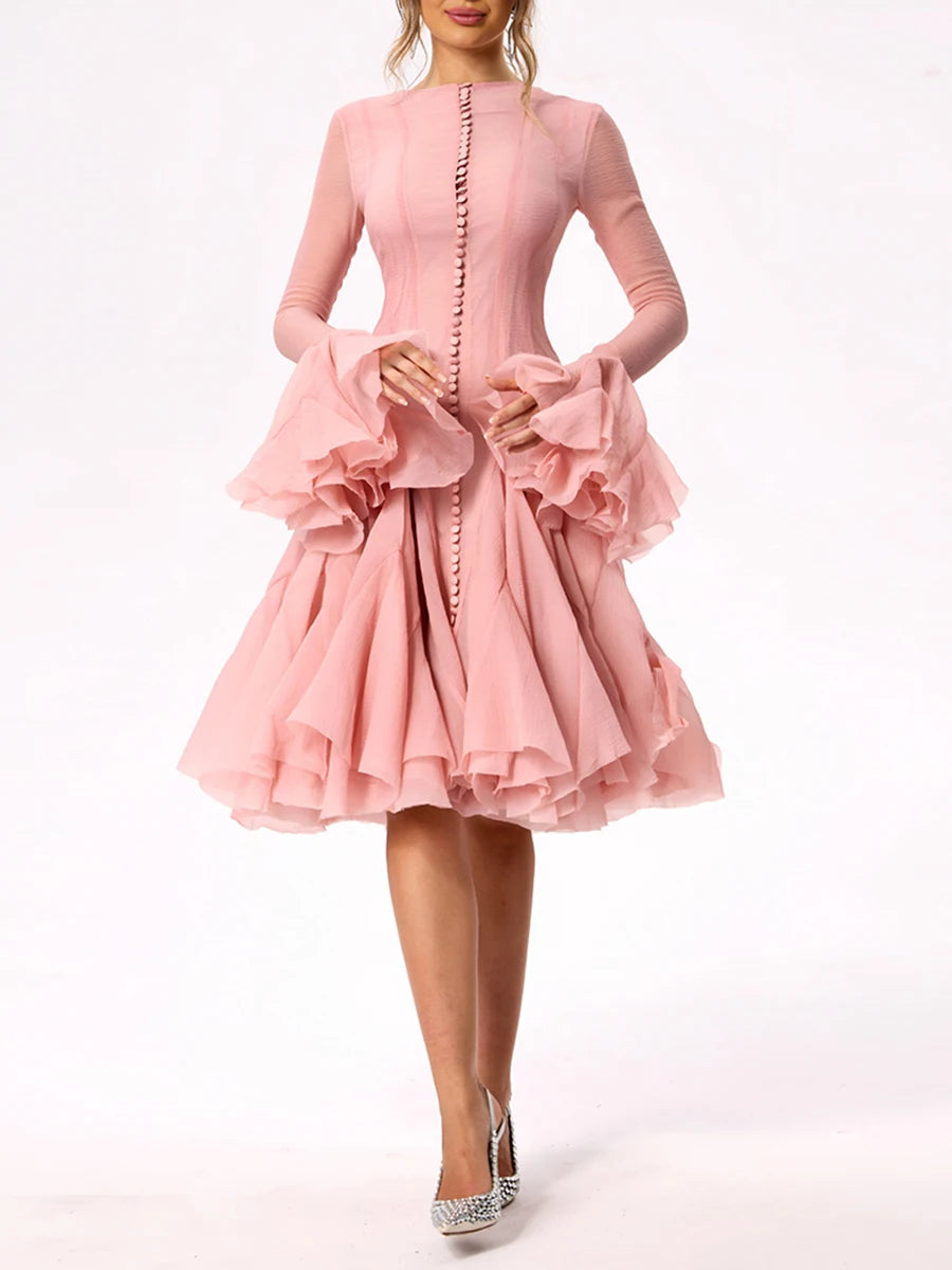 TWOTWINSTYLE Damenkleid Unregelmäßig Gefaltet Patchwork Mode Lang Laternenärmel Tailliertes Minikleid 2024 Neue Kleidung