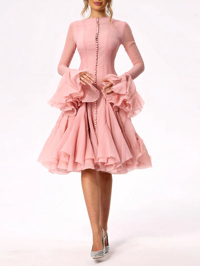 TWOTWINSTYLE Damenkleid Unregelmäßig Gefaltet Patchwork Mode Lang Laternenärmel Tailliertes Minikleid 2024 Neue Kleidung
