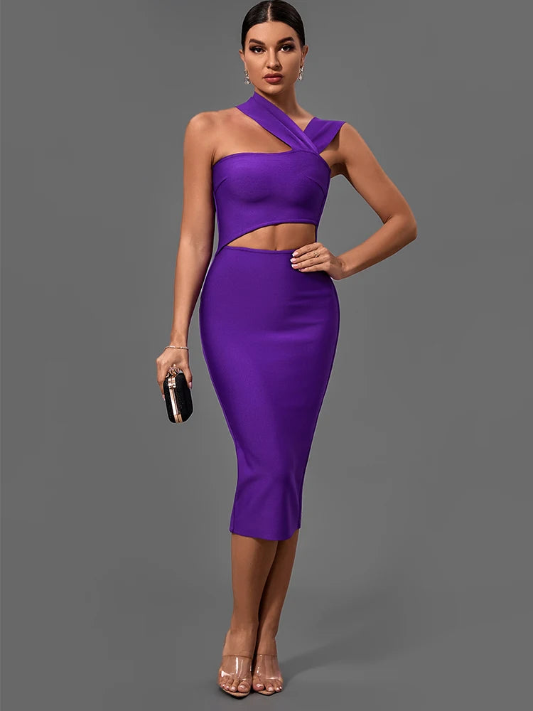 Bandage-Kleider für Damen 2022 Lila Bodycon-Kleid Abendparty Elegant Sexy Cut Out Midi Geburtstag Club Outfit Sommer Neu
