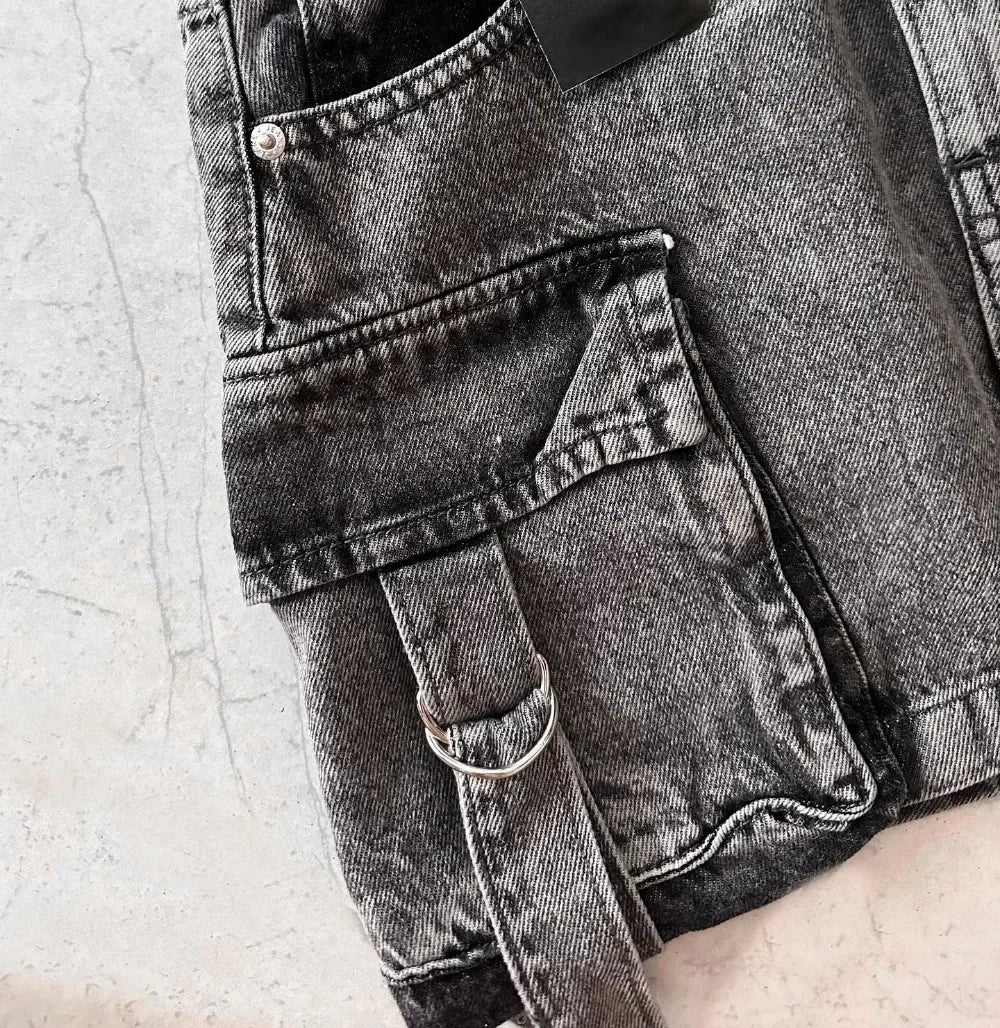Harajuku Multiple Pockets Denim Plaid Skirt Goth Black Mini Skir Vintage Y2K New Fashion Womens Casual Versatile Sexy Streetwear
