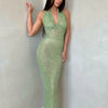 Sexy Neckholder Maxikleid mit tiefem V-Ausschnitt, Pailletten, Damen, Grün, Ärmellos, Rückenfrei, Pailletten, Schlankes langes Kleid, Celebrity Partykleider
