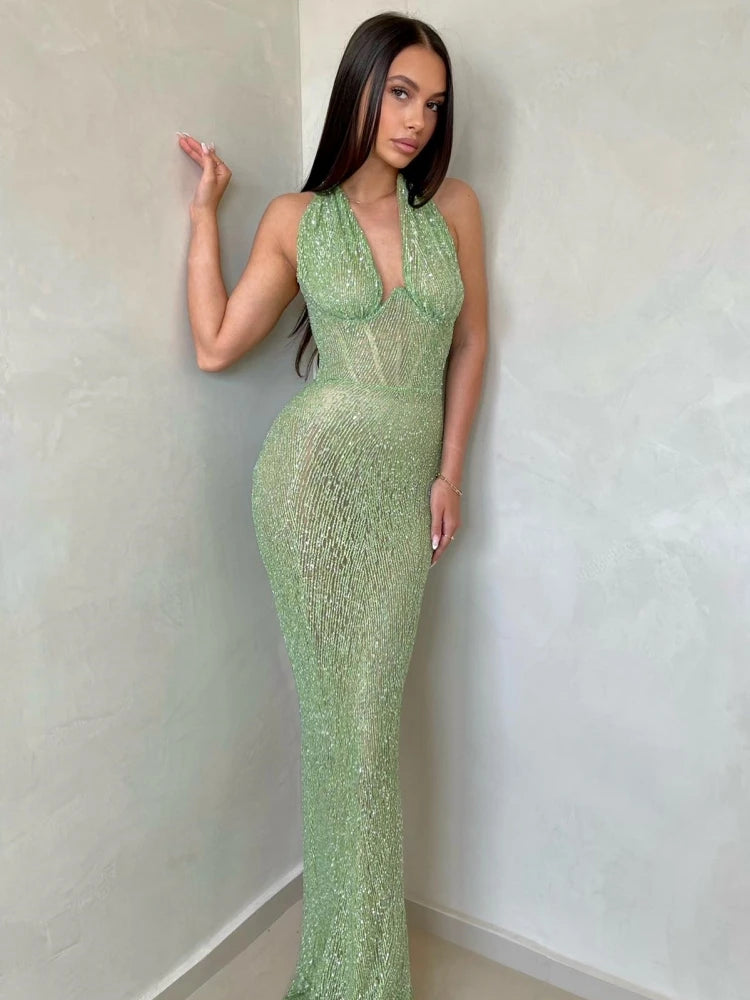 Sexy Neckholder Maxikleid mit tiefem V-Ausschnitt, Pailletten, Damen, Grün, Ärmellos, Rückenfrei, Pailletten, Schlankes langes Kleid, Celebrity Partykleider