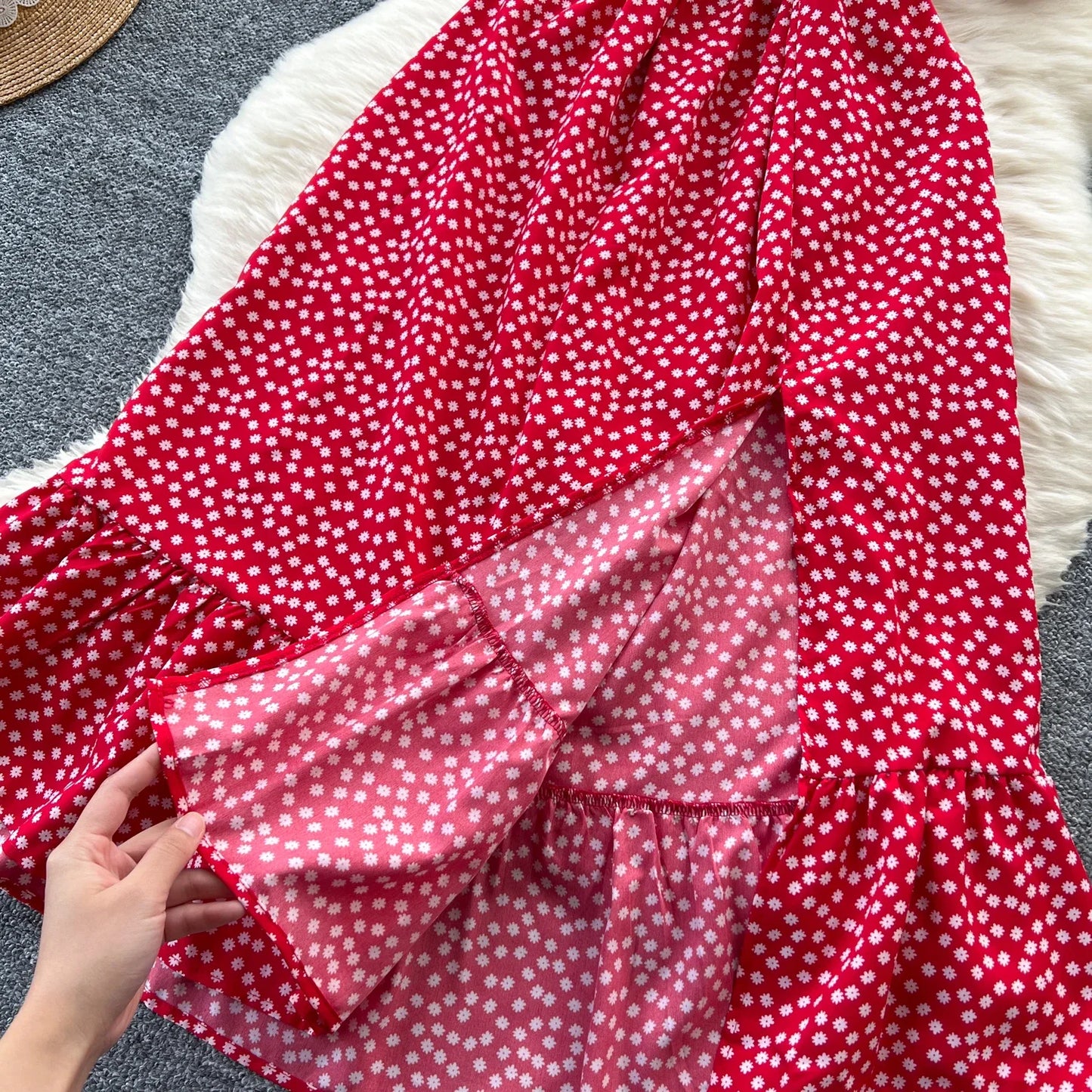 Sommer Plissiert Damen Knopfkleider Lässige Strandurlaub Kurzarm V-Ausschnitt Damen Midikleid Böhmische Mujer Vestidos