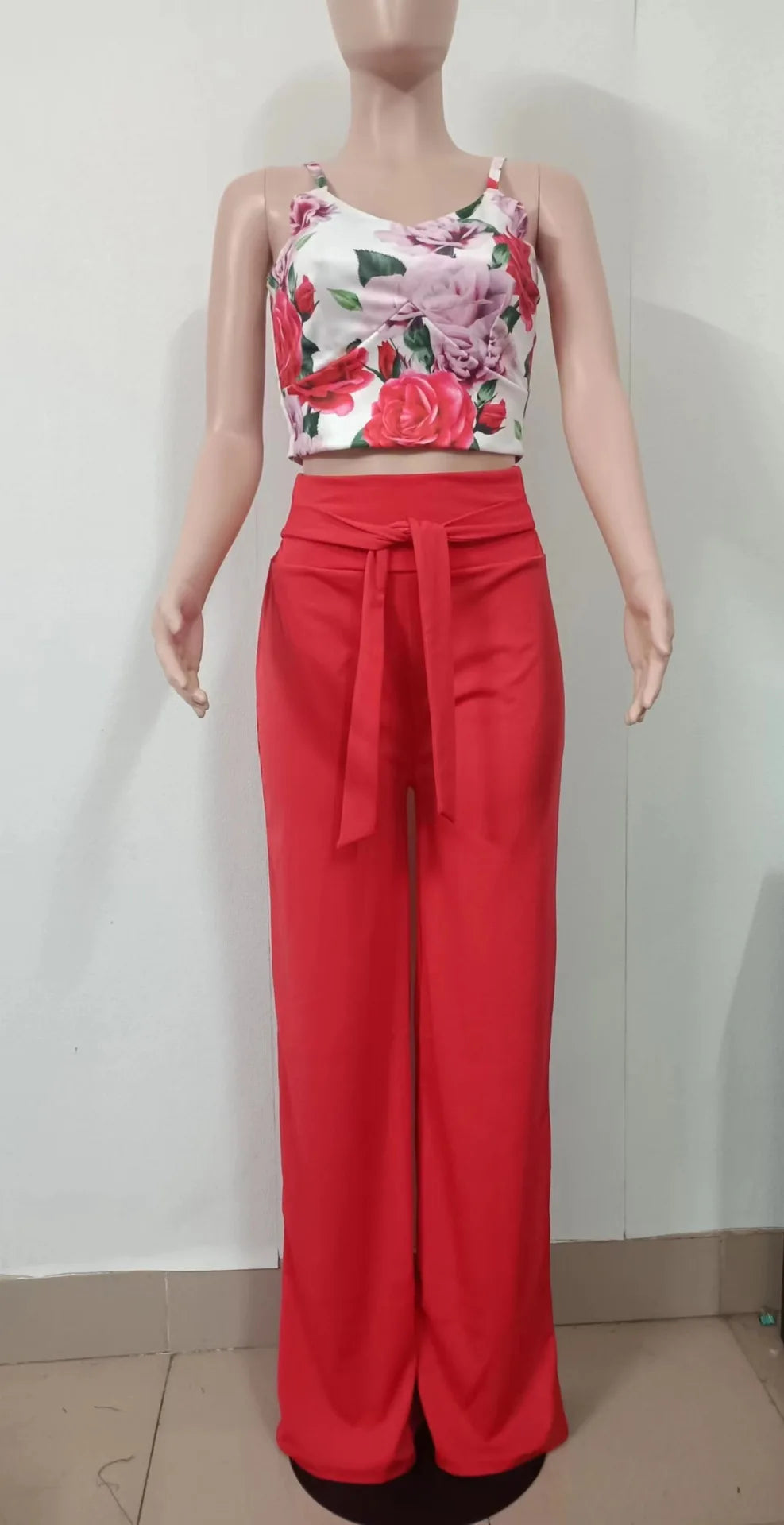 Women Fashion Print Halter V-Neck Short Tank Suit Tops Long Pants Matching Set Summer Casual Female Slim Pants Two Piece Sets