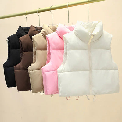 Winter Kurze Daunen Weste Damen Warmer Stehkragen Reißverschluss Jacke Freizeit Mode Gesteppte Cropped Mäntel Street Outerwear
