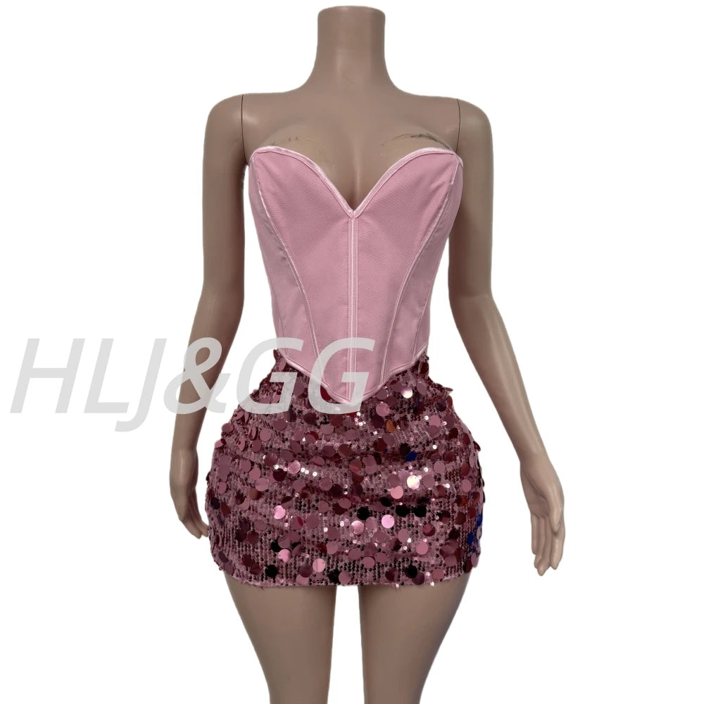 HLJ&GG Sexy Off Shoulder Corset Vest Two Piece Sets Women Sleeveless Backless Bandage Irregular Top + Sequin Mini Skirts Outfits