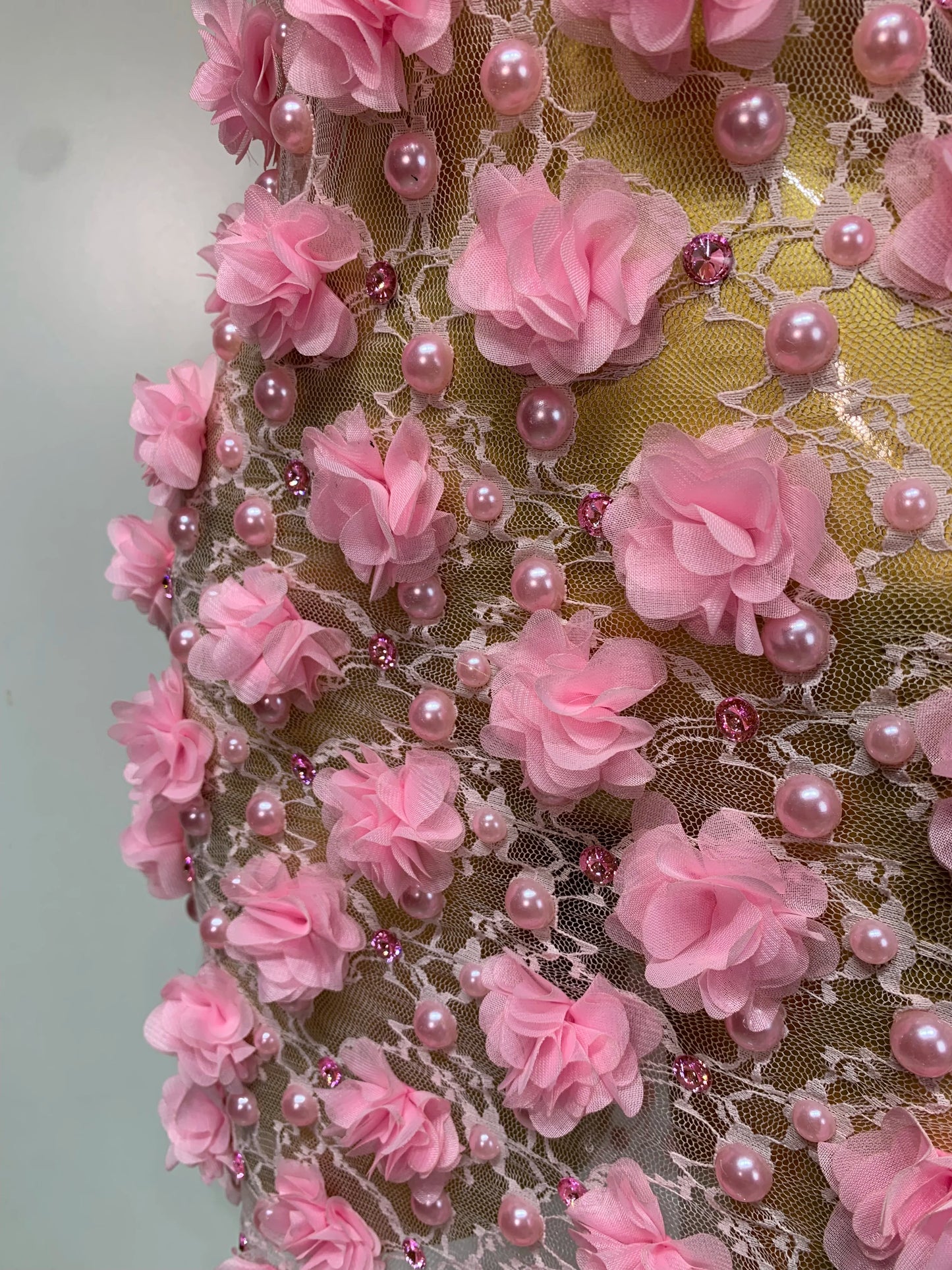Women Luxury Pink Flowers Pearls Lace See Through Bodycon Mini Dress Birthday Photoshoot Evening Party Nightclub Stage Costume