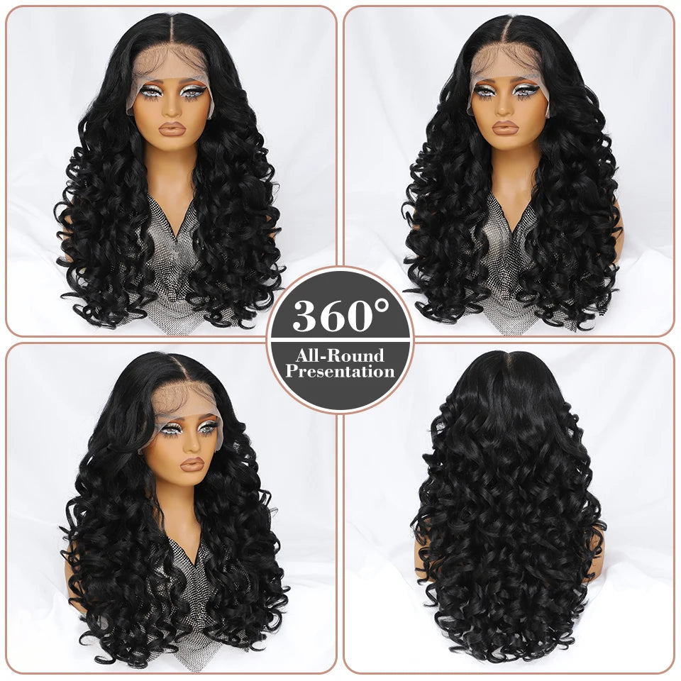 Latisha 13X6 HD Synthetische Spitzenfrontperücke lockig vorgezupfte Lace-Frontal-Perücke mit Pony für Damen, Highlights mit Babyhaar, 24 Zoll