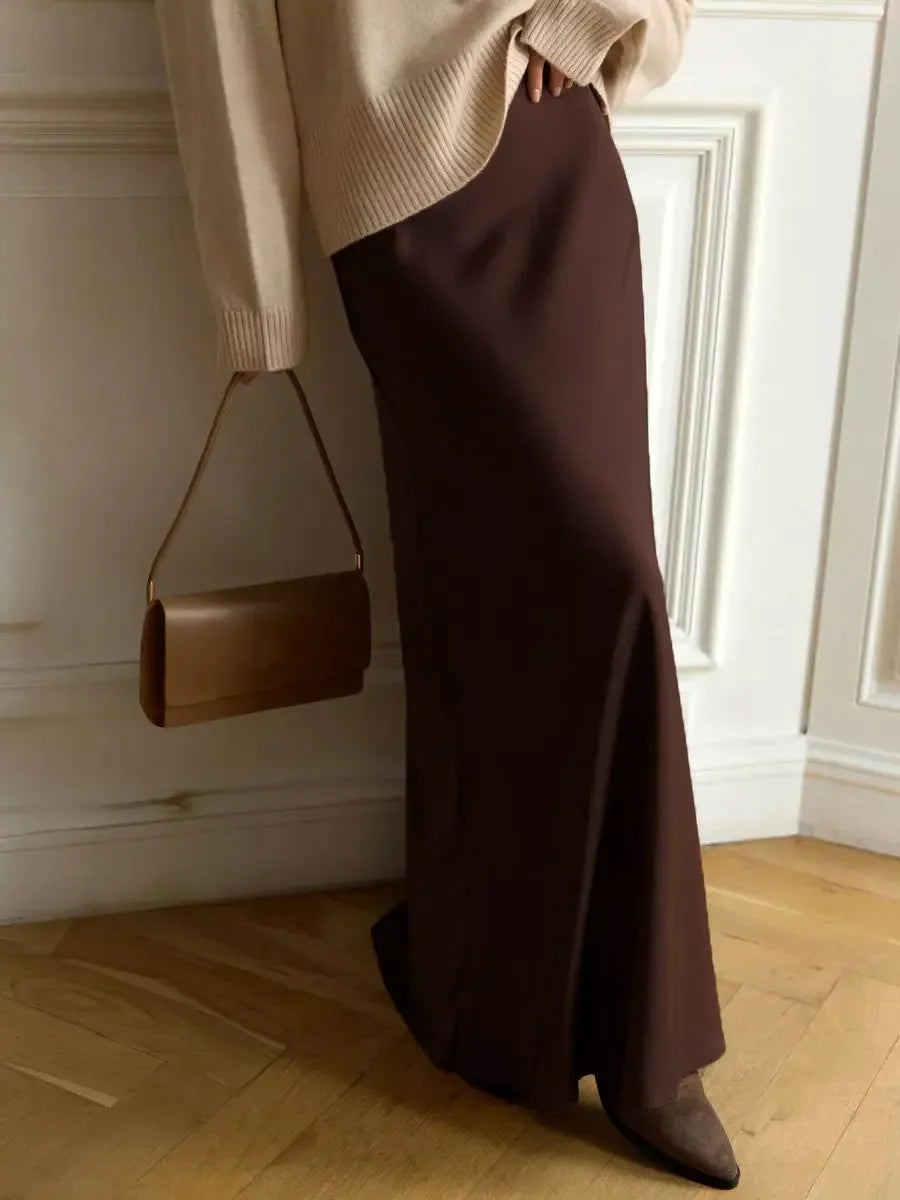 Wolfeel Freizeit Satin Damenrock Frühling Sommer Mode Locker Hoher Bund Maxi Röcke Elegant Einfacher Satin-Fischschwanzrock