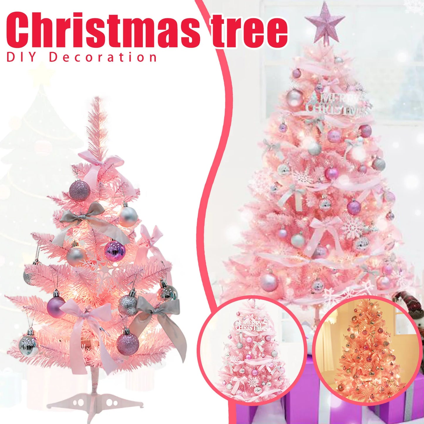 Hot Sale 45/60cm Christmas Tree With lights White/Pink Christmas Tree With Star Christmas Miniature Pine With Ornaments
