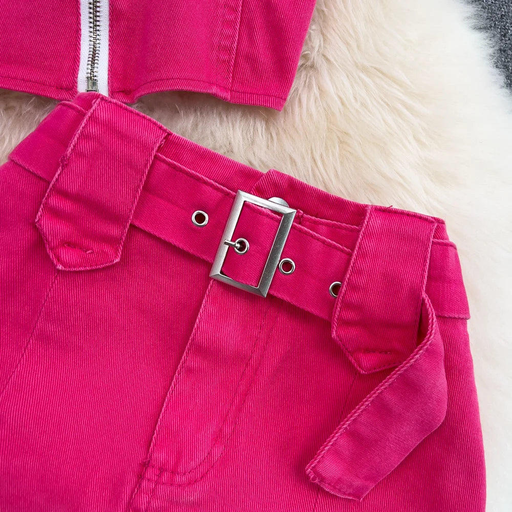 Pink Gradient Jeans Skirts Set Girl Fashion Denim Sleeveless Camisole Vest Top Two-piece Set Mini Bodycon Strap Skirt Summer