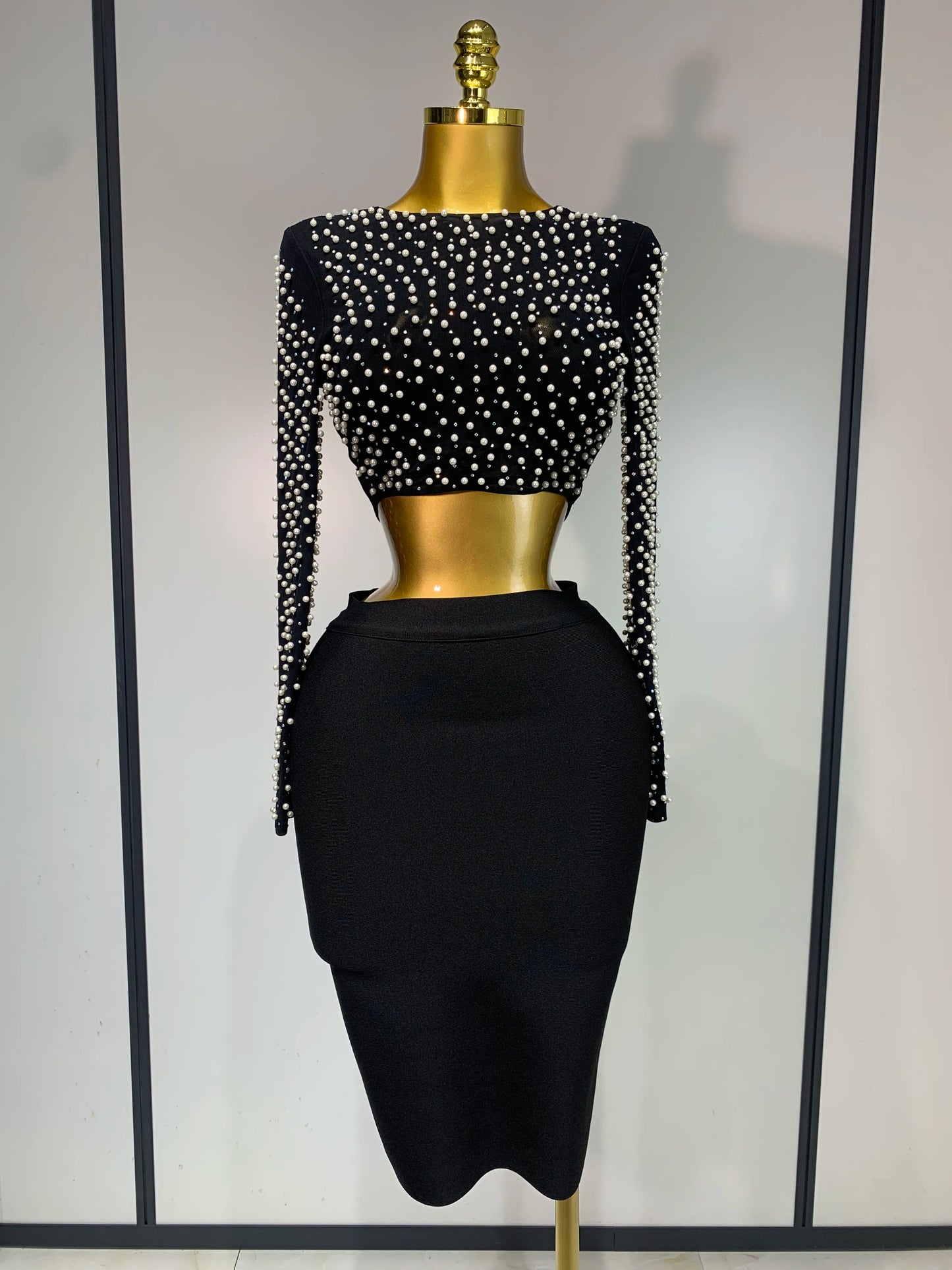 Damen Sexy Langarm Mesh Perlen Top Celebrity Midi Damen Bandage Set 2025 Designer Abendparty Luxus Geburtstag Zweiteiler Set