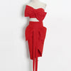 VGH Strapless Slim Solid Sets For Women Sleeveless High Waist Patchwork Bow Top Irregular Sexy Mini Two Piece Set Female Clothes